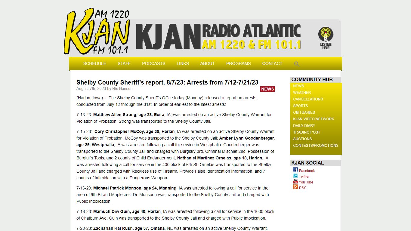Shelby County Sheriff’s report, 8/7/23: Arrests from 7/12-7/21/23 - KJAN